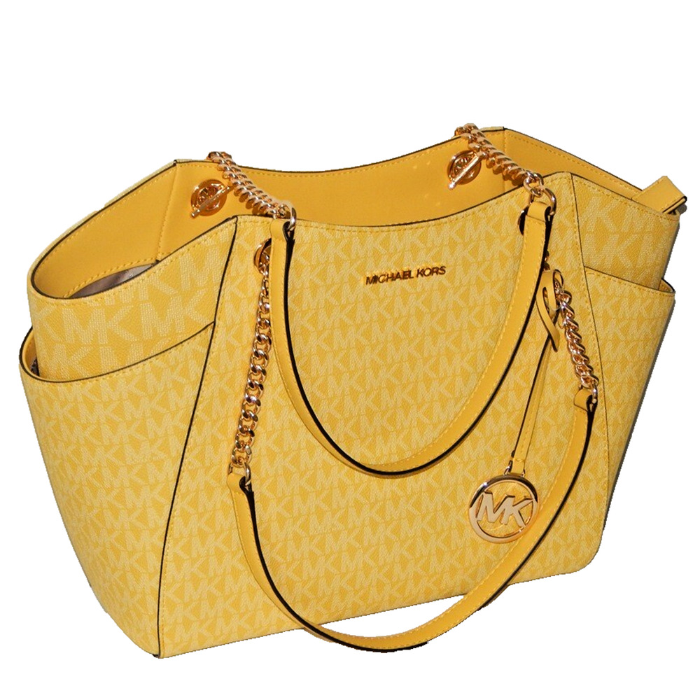 MICHAEL KORS Jet Set Travel Daisy Yellow Monogram LG Chain Shoulder Tote Bag NWT